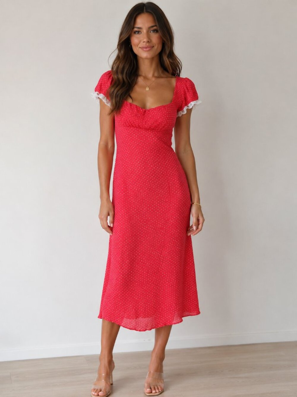 NWT Wild Fable Rose Red Polka Dot Maxi Dress Lace Trim Cutout Back Size M